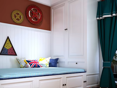 Cozy Room Interior With Colorful Decorations White Cabinets Blue Striped Cushion And Green Curtains 3d model