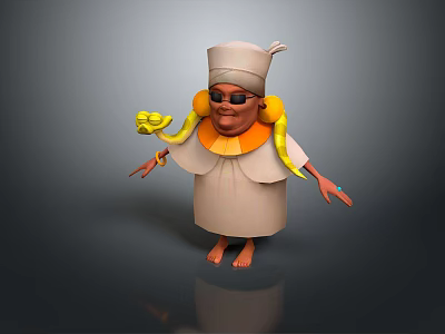 3D Character With Snake Around Neck Wearing Hat Sunglasses And Robe Holding Yellow Object 3d model