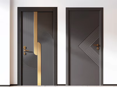 Sleek Modern Swing Doors In Dark Color With Golden Accents And Geometric Pattern Design 3d model