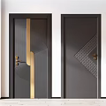Sleek Modern Swing Doors In Dark Color With Golden Accents And Geometric Pattern Design