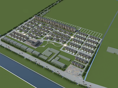 Spacious Townhouses Community Layout With Green Spaces Roads And Parking Areas 3d model