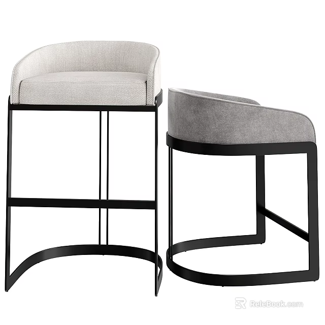 Modern Bar Stools With Black Metal Frame Light Upholstered Seat And Curved Backrest 3d model 