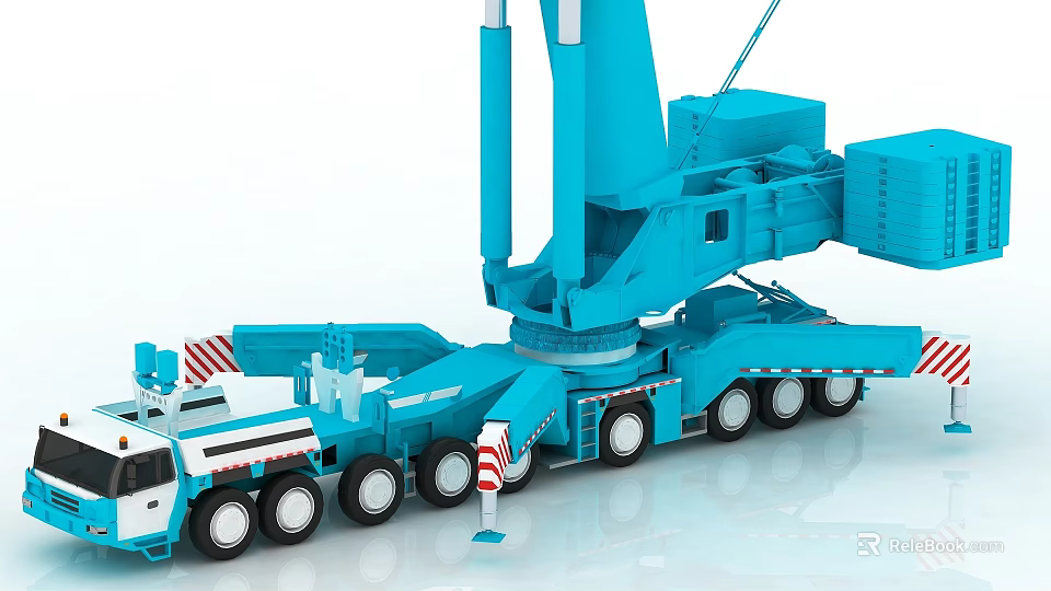 Blue Mobile Crane Utility Vehicle with Extended Boom and Multiple Wheels for Construction 3d model