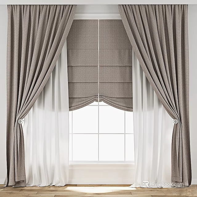 Gray Textured Curtains With Sheer White Undercurtains For Elegant Window Design 3d model