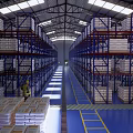 Modern Industrial Warehouse Storage Racks With Yellow Aisle And Stacked Goods