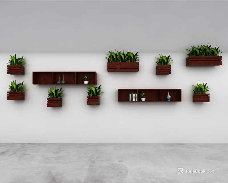 Modern Minimalist Green Plant Wall Featuring Brown Shelves Green Plants and Small Decorations 3d model 