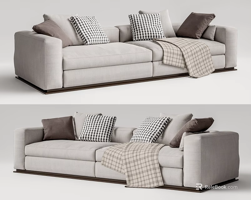 Light Gray Fabric Double Sofa With Plaid Blanket And Dark Wooden Legs 3d model 
