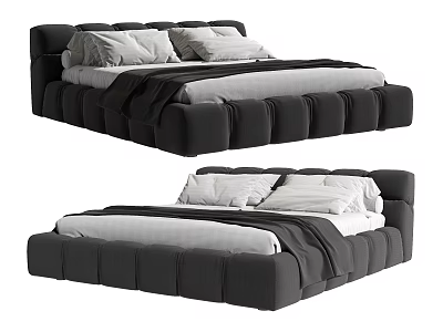 Comfortable Modern Double Bed With Upholstered Frame White Mattress Pillows And Dark Blanket 3d model