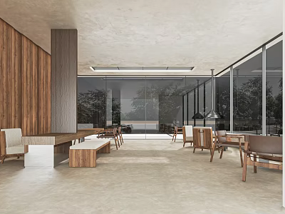 Spacious Hotel Lobby Featuring Wooden Walls Large Glass Windows Trees Outside And Wooden Furniture 3d model