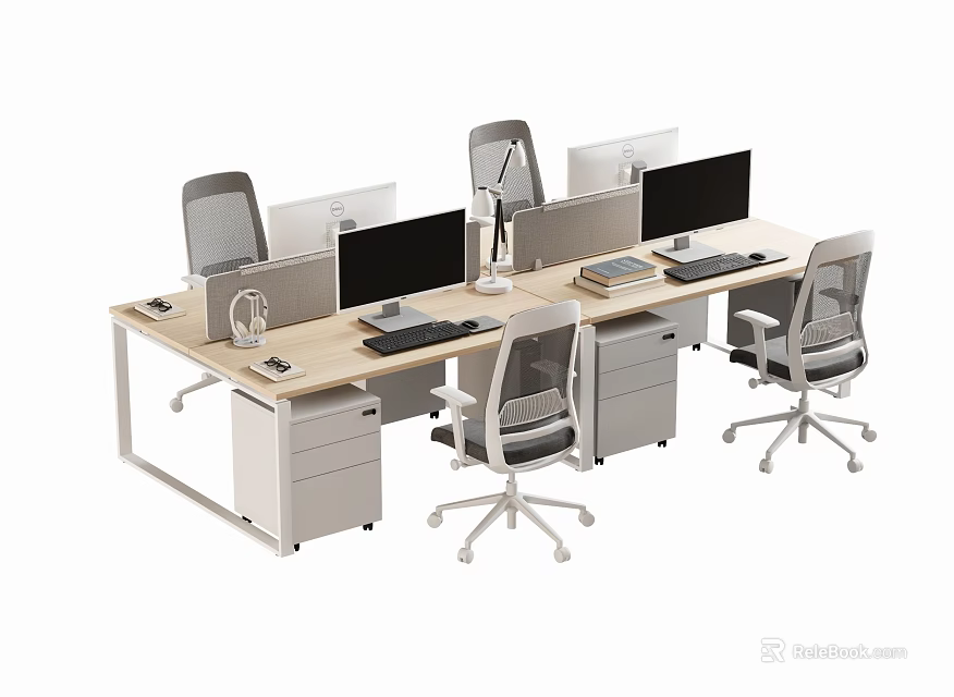 Modern Office Desk Setup With Multiple Monitors Chairs And Drawer Cabinets 3d model 