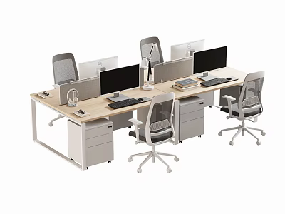 Modern Office Desk Setup With Multiple Monitors Chairs And Drawer Cabinets 3d model