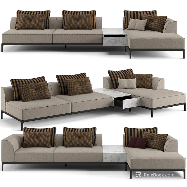 Beige Sectional Sofa With Brown Striped Pillows And Modern Metal Frame Design 3d model 