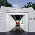 Modern White Geometric Exhibition Hall With Green Wall Glass Entrance And Display Area