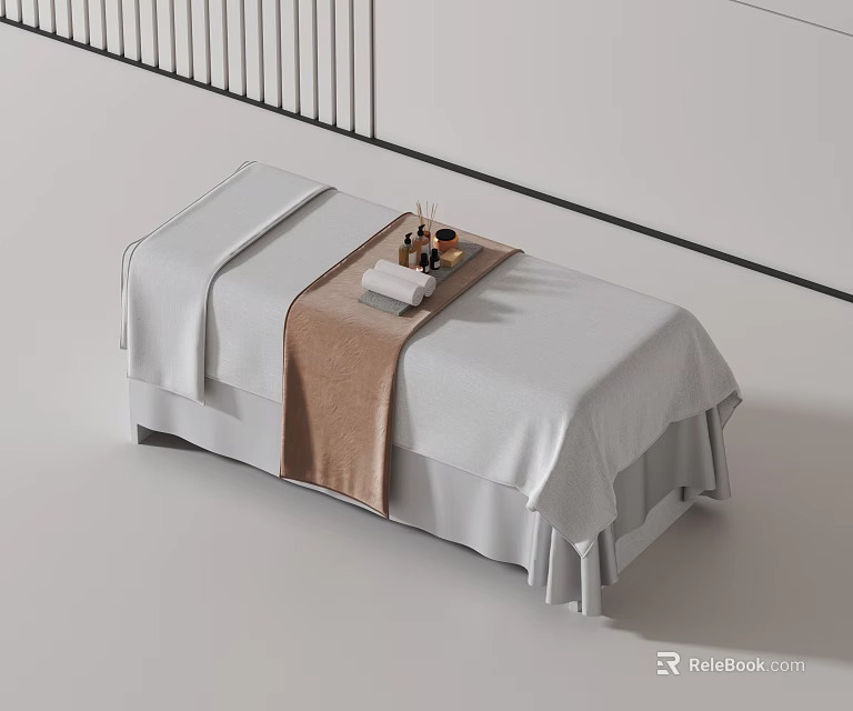Elegant Massage Bed With White Sheets Brown Towel And Massage Supplies Tray 3d model 