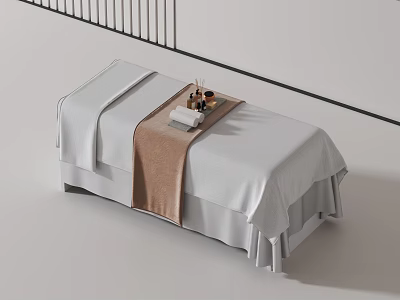 Elegant Massage Bed With White Sheets Brown Towel And Massage Supplies Tray 3d model