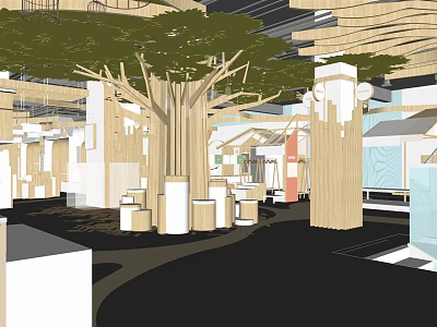 Modern Retail Store Interior With Large Tree Wooden Structures And Merchandise Displays 3d model