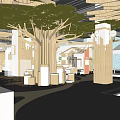 Modern Retail Store Interior With Large Tree Wooden Structures And Merchandise Displays