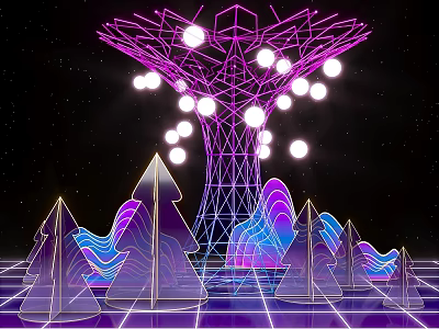 Instagrammable Photo Spot With Purple Neon Tree Structure Glowing Sphere Lights And Geometric Mountain Shapes 3d model