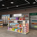 Organized Supermarket Interior With Shelves Displaying Various Products Including Beverages Snacks And Canned Goods