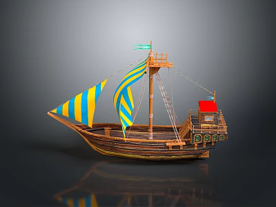 Wooden Watercraft With Yellow And Blue Striped Sails And Red Deck Features 3d model