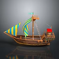 Wooden Watercraft With Yellow And Blue Striped Sails And Red Deck Features