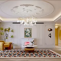 Modern Kitchen and Dining Room Interior With Marble Island Counter Chandelier Cabinets Herringbone Flooring