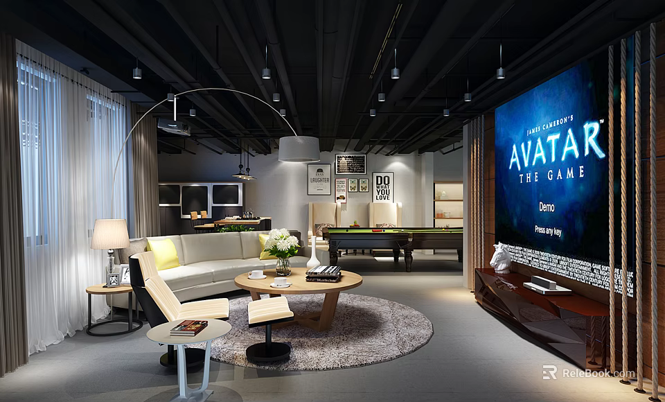Entertainment Room Design With Large TV Showing Avatar The Game Sofa Pool Table And Rug 3d model 