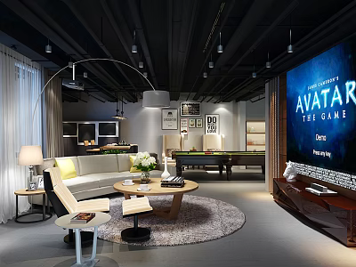 Entertainment Room Design With Large TV Showing Avatar The Game Sofa Pool Table And Rug 3d model