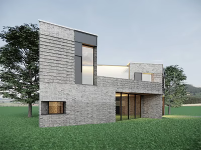 Modern Single Family House With Gray Brick Exterior Large Glass Windows Green Lawn And Surrounding Trees 3d model