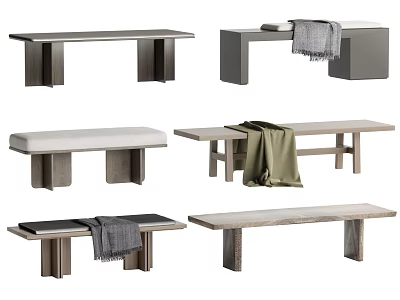 Modern Wooden And Metal Benches With Padded Seats And Draped Blankets 3d model