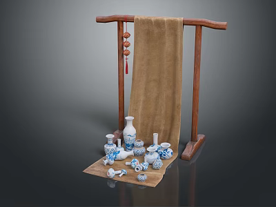 Traditional Display Blue And White Porcelain Vases Bowls With Wooden Rack Brown Cloth Red Decorations 3d model