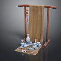 Traditional Display Blue And White Porcelain Vases Bowls With Wooden Rack Brown Cloth Red Decorations