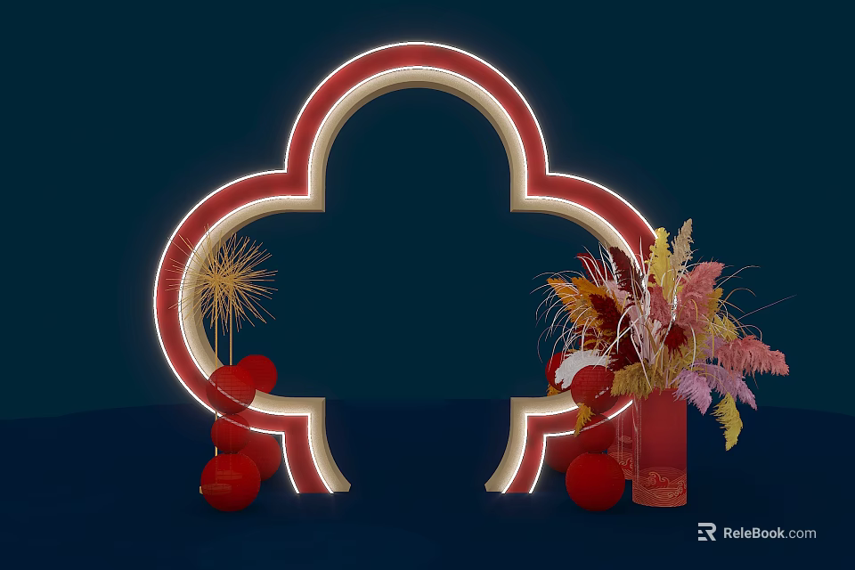 Red Neon Cloud Shaped Event Gateway With Red Balls Golden Ornaments And Feather Bouquet 3d model 