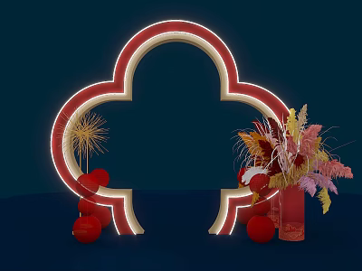 Red Neon Cloud Shaped Event Gateway With Red Balls Golden Ornaments And Feather Bouquet 3d model