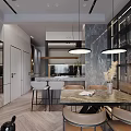 Modern Living And Dining Room Interior With Sofa Coffee Table Dining Table And Open Kitchen