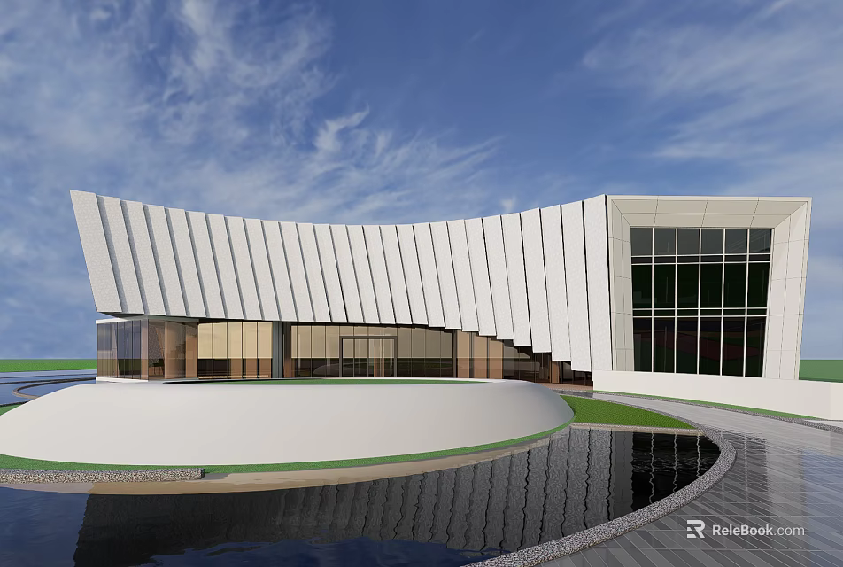 Modern Building With Curved White Facade Large Glass Windows Circular Pool Reflection And Blue Sky 3d model 