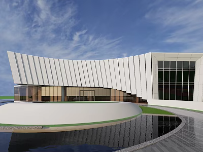 Modern Building With Curved White Facade Large Glass Windows Circular Pool Reflection And Blue Sky 3d model