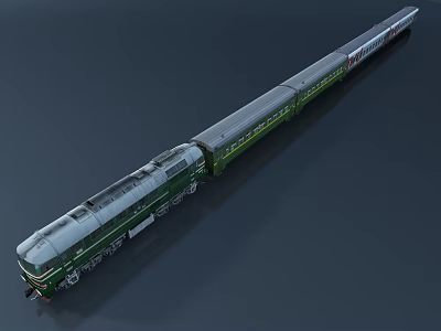 Green Classic Train With Multiple Connected Carriages And Long Locomotive Body 3d model