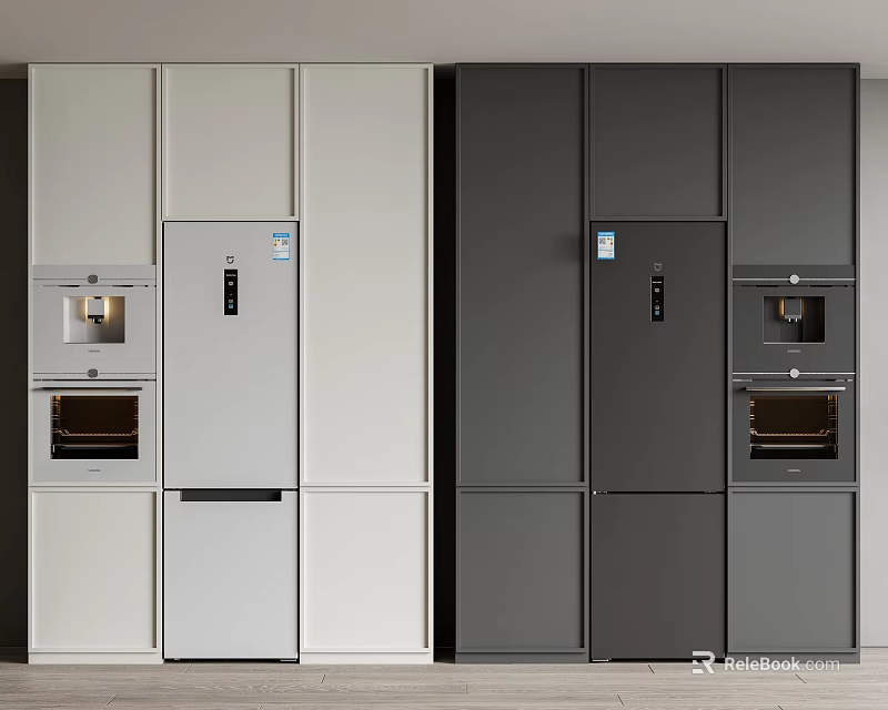 Modern Kitchen With Two Tone White And Dark Gray Built In Appliances 3d model 