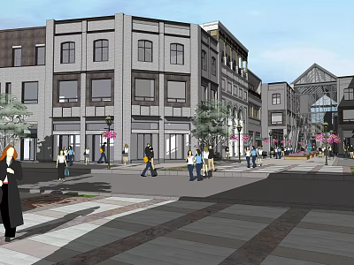 Modern Commercial Street With Pedestrians Strolling Shops Green Plants And Vibrant Atmosphere 3d model