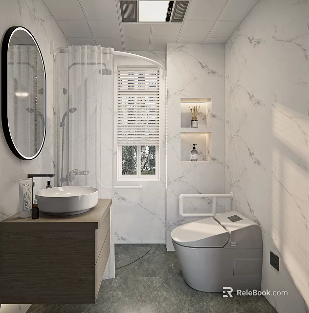 Modern Bathroom Interior With Marble Walls Round Mirror Vanity Sink And Smart Toilet 3d model 