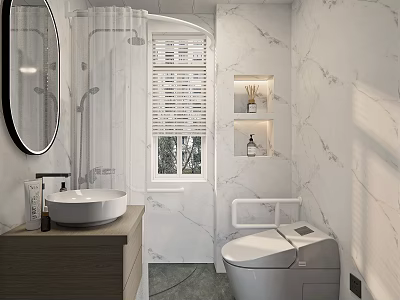 Modern Bathroom Interior With Marble Walls Round Mirror Vanity Sink And Smart Toilet 3d model