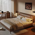 Cozy Wooden Bedroom Interior With Bed Nightstand Desk And Pendant Light
