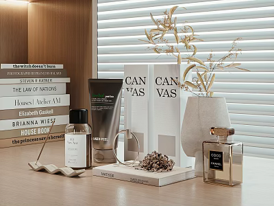 Luxury Skincare And Bath Products On Wooden Table With Books And Vase 3d model