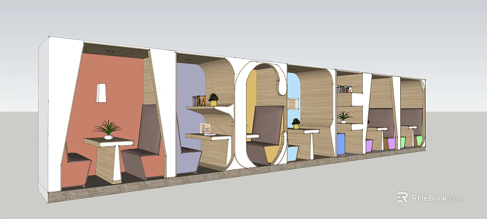 Modern Public Seating Area With Colorful Partitions Tables And Green Plants 3d model 