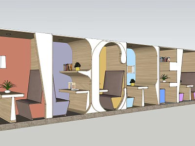 Modern Public Seating Area With Colorful Partitions Tables And Green Plants 3d model
