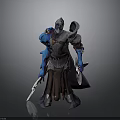Armored Character And Blue Creature Holding Swords In Detailed 3D Model Design