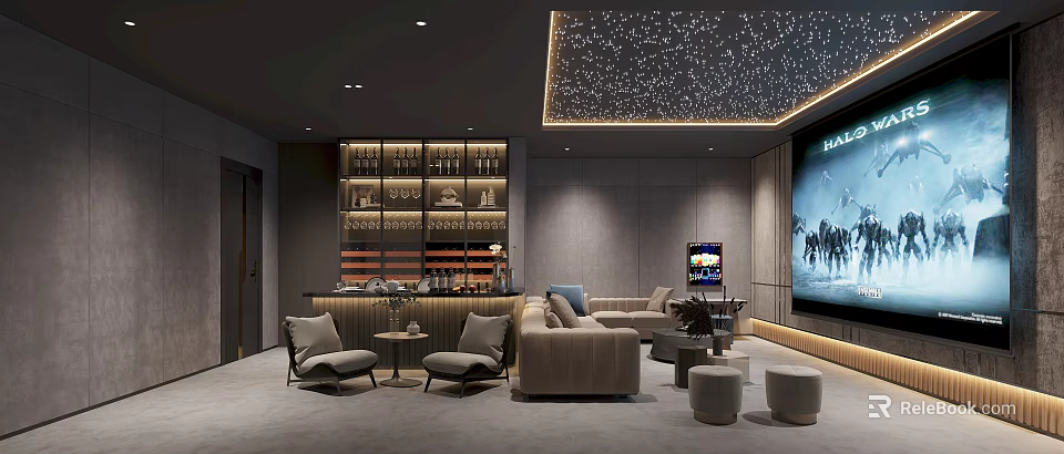 Luxury Modern Home Theater Room With Comfortable Sofa Large Screen TV And Starry Sky Ceiling 3d model 