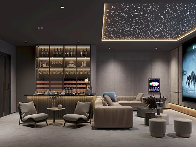 Luxury Modern Home Theater Room With Comfortable Sofa Large Screen TV And Starry Sky Ceiling 3d model