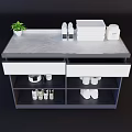 Modern Storage Cabinet With Gray Countertop Green Plant White Bottles Boxes And Container
